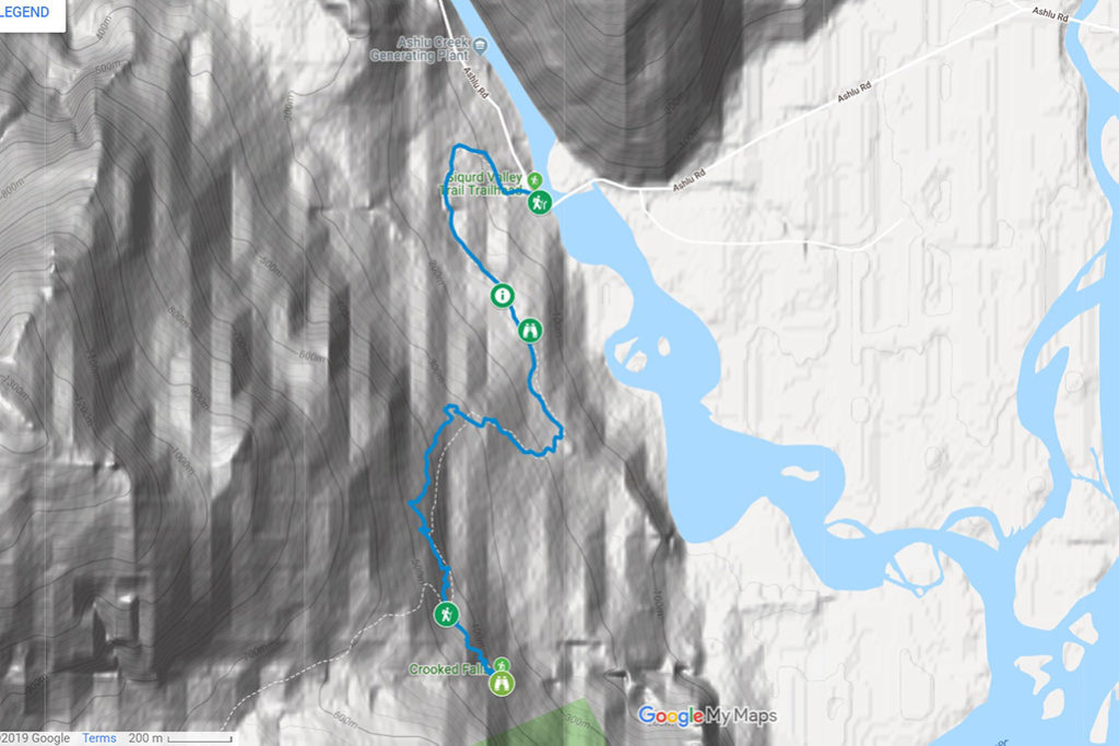 A Map of the hike showing the trail from Ashlu Road to the Crooked Falls viewpoint